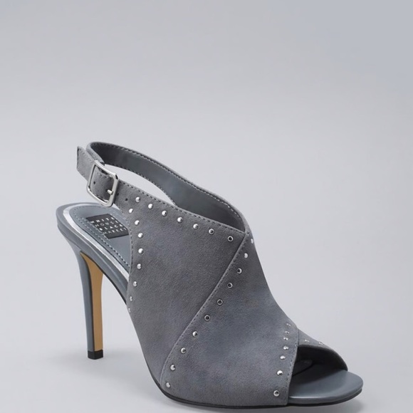 White House Black Market Shoes - White House Black Market Gray Suede Studded Heels